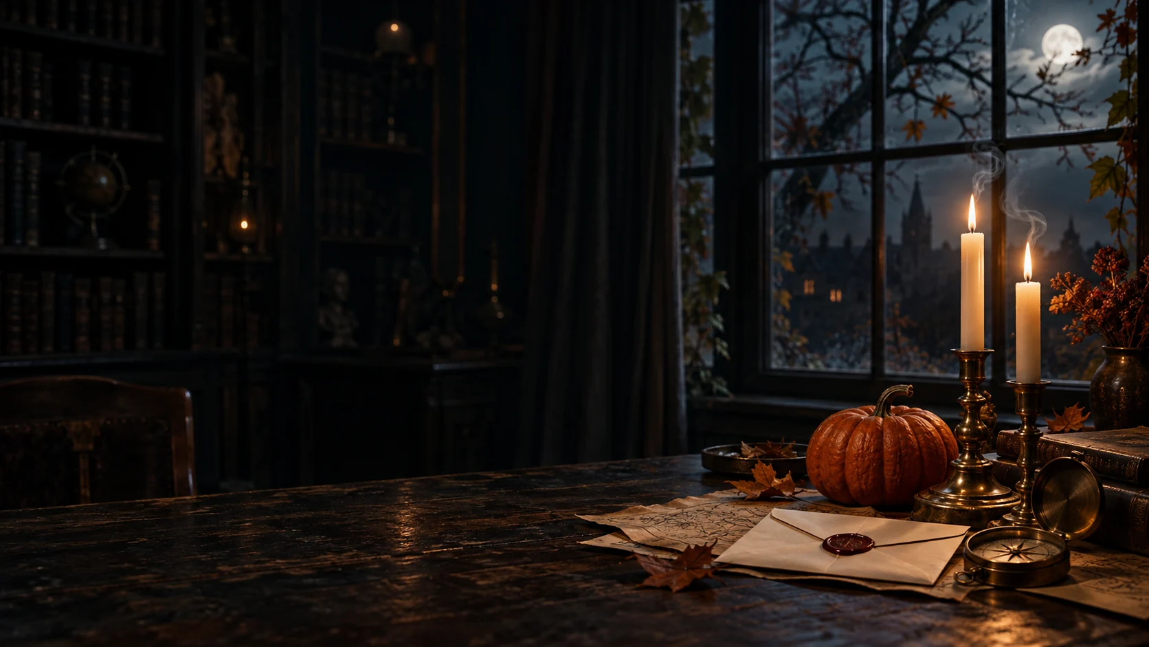 Een spel bij kaarslicht, met een kompas, verzegelde brief en herfstpompoen