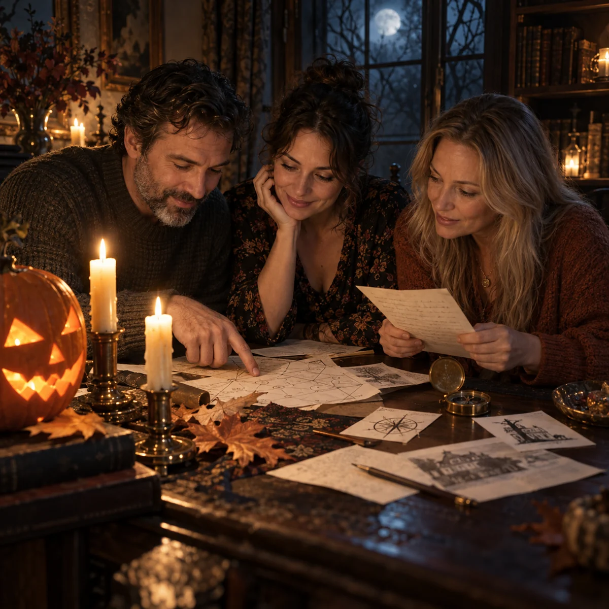 Vrienden ontrafelen een mysterie bij kaarslicht, met een verlichte Halloweenpompoen op tafel