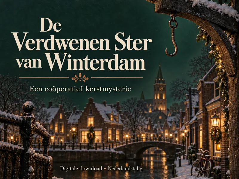 De Verdwenen Ster van Winterdam: kerstmysterie als digitale download, met een lege haak boven het besneeuwde dorp.