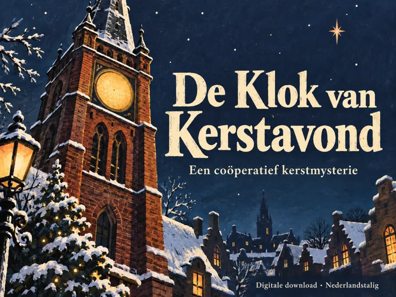 De Klok van Kerstavond: digitaal kerstmysterie met een grafisch afgebeelde klokkentoren onder een indigo winterlucht.