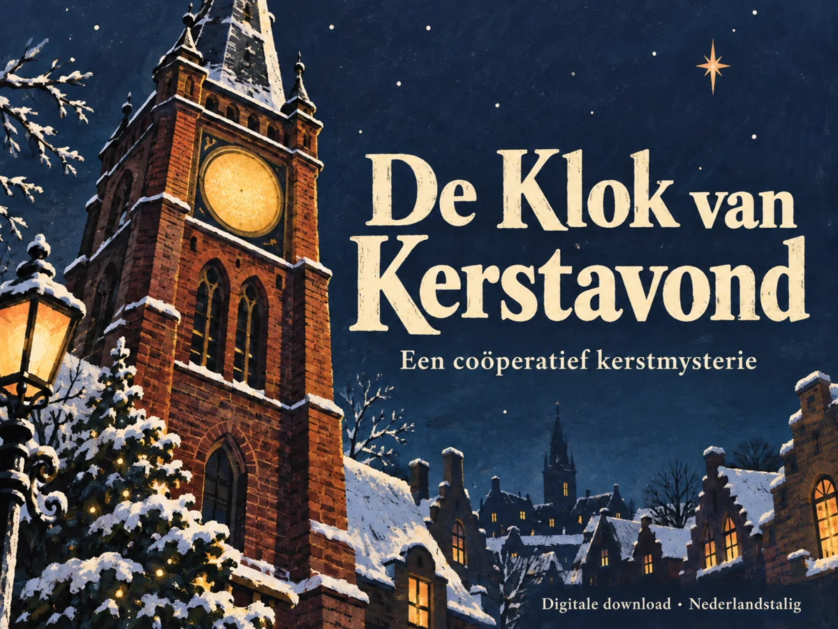 De Klok van Kerstavond: digitaal kerstmysterie met een grafisch afgebeelde klokkentoren onder een indigo winterlucht.