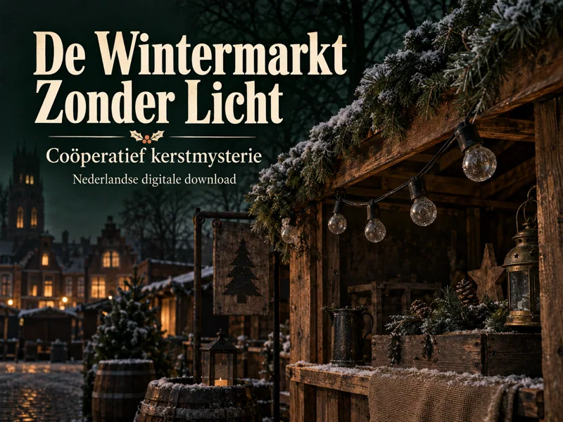 Hoofdbeeld van De Wintermarkt Zonder Licht met donkere marktslinger en de vermelding Nederlandse digitale download.