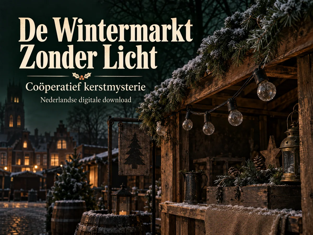 Hoofdbeeld van De Wintermarkt Zonder Licht met donkere marktslinger en de vermelding Nederlandse digitale download.