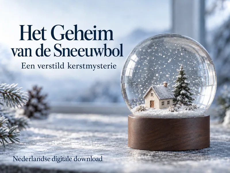 Hoofdbeeld van Het Geheim van de Sneeuwbol: een glazen sneeuwbol met één huisje en één den, met Nederlandse digitale download als levering.