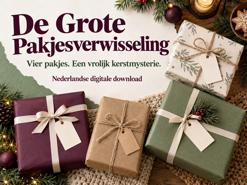 Hoofdbeeld van De Grote Pakjesverwisseling met vier ingepakte cadeaus en blanco labels; Nederlandse digitale download.