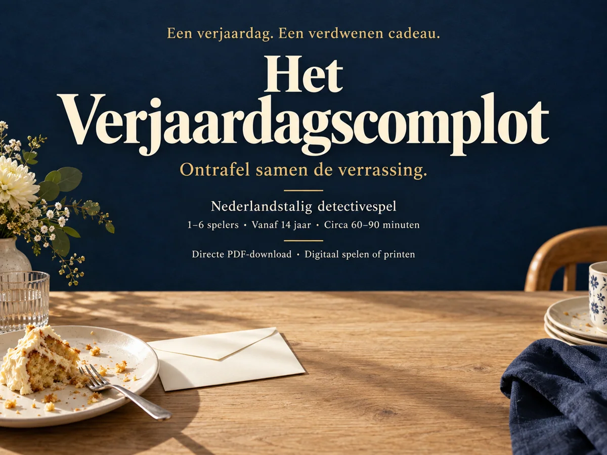 Het Verjaardagscomplot in ivoorkleurige letters op nachtblauw, boven een verjaardagstafel met taart en een gesloten envelop. Nederlandstalig detectivespel als directe PDF-download.