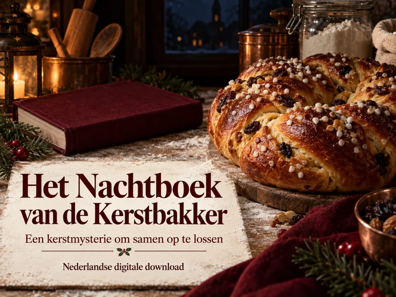 Hoofdbeeld van Het Nachtboek van de Kerstbakker met gevlochten feestbrood, gesloten nachtboek en de vermelding Nederlandse digitale download.