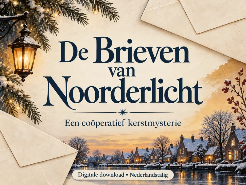 De Brieven van Noorderlicht: digitaal kerstmysterie met gesloten enveloppen in een grafische papiercompositie.