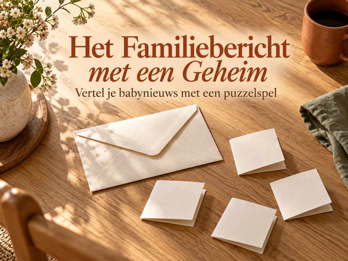 Het Familiebericht met een Geheim: een gesloten envelop en vier briefjes voor een puzzelende babyaankondiging.