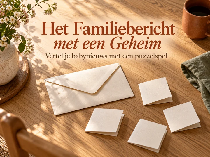 Het Familiebericht met een Geheim: een gesloten envelop en vier briefjes voor een puzzelende babyaankondiging.