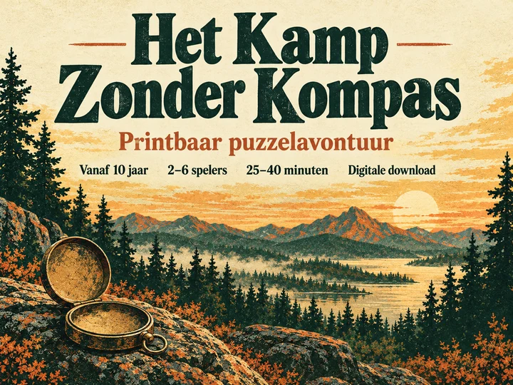 Het Kamp Zonder Kompas: printbaar puzzelavontuur voor 2 tot 6 spelers.