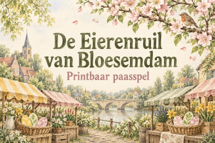 De Eierenruil van Bloesemdam: een geïllustreerde lentemarkt met papieren eieren, bloesem en de speltitel.