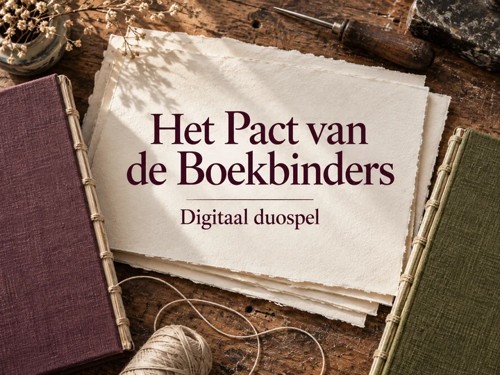 Hoofdbeeld van Het Pact van de Boekbinders met linnen boekbanden en roomwit papier.