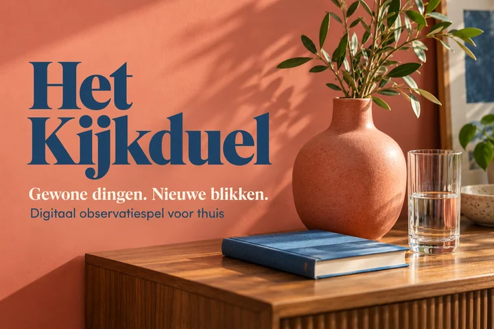 Het Kijkduel: digitaal observatiespel voor thuis, verbeeld met gewone voorwerpen in een huiselijke kamer.