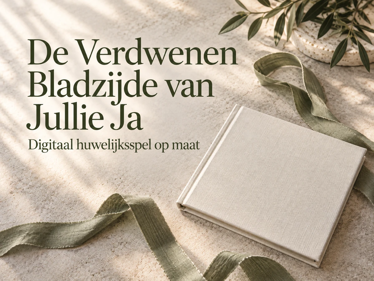 Hoofdbeeld van De Verdwenen Bladzijde van Jullie Ja met ivoorkleurig linnen en saliegroen lint.