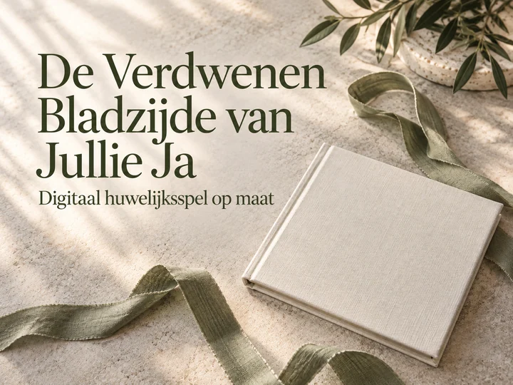 Hoofdbeeld van De Verdwenen Bladzijde van Jullie Ja met ivoorkleurig linnen en saliegroen lint.