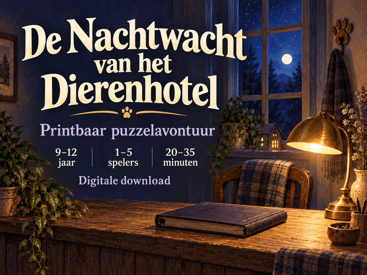 De Nachtwacht van het Dierenhotel: printbaar puzzelavontuur voor 1 tot 5 spelers.