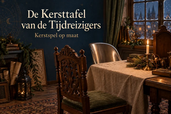 De Kersttafel van de Tijdreizigers: stoelen uit verschillende tijden bij een kersttafel, met de titel van het kerstspel op maat.