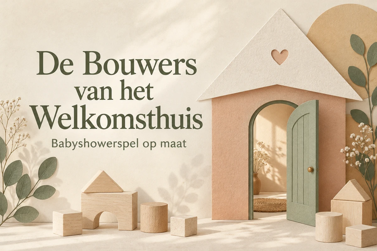De Bouwers van het Welkomsthuis: een papieren huis met open deur naast de titel van het babyshowerspel op maat.