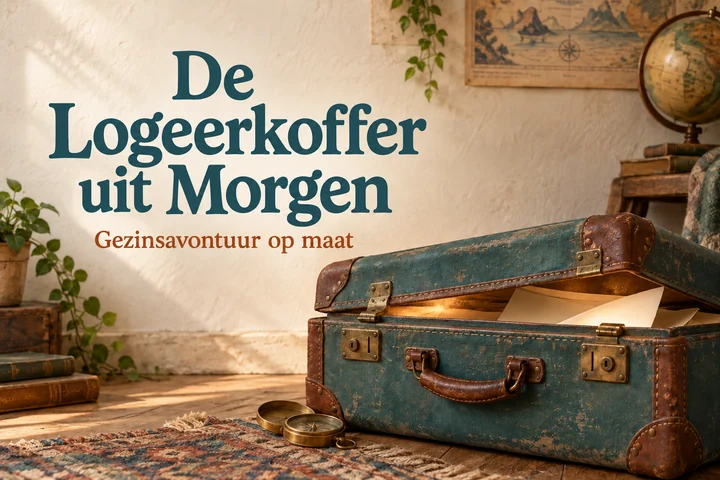 De Logeerkoffer uit Morgen: een verweerde koffer met een warme gloed naast de titel van het gezinsavontuur op maat.