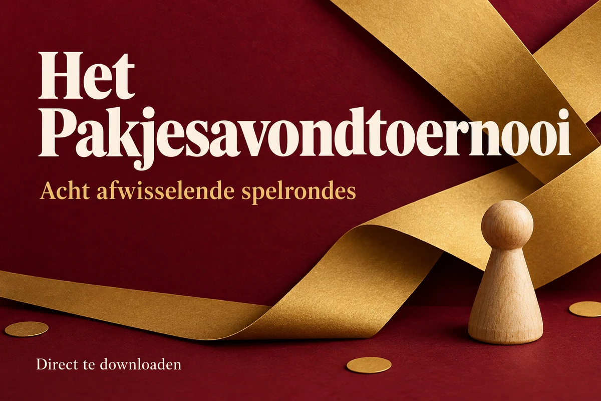 Het Pakjesavondtoernooi: houten pion en gouden papierlinten op bordeauxrood; acht afwisselende spelrondes als download.