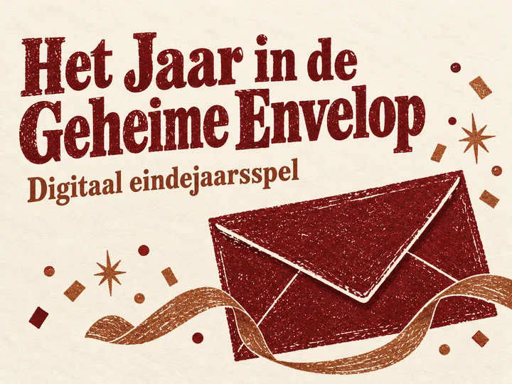 Hoofdbeeld van Het Jaar in de Geheime Envelop als bordeaux en koperkleurige linodruk.