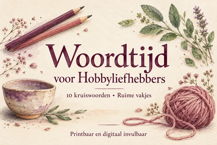 Woordtijd voor Hobbyliefhebbers met ambachtelijke potloodillustraties en tien kruiswoorden met ruime vakjes.