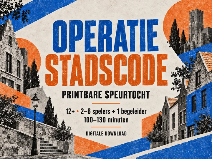 Operatie Stadscode: een architectuurcollage in kobaltblauw en oranje. Printbaar speurtochtspel als digitale download.