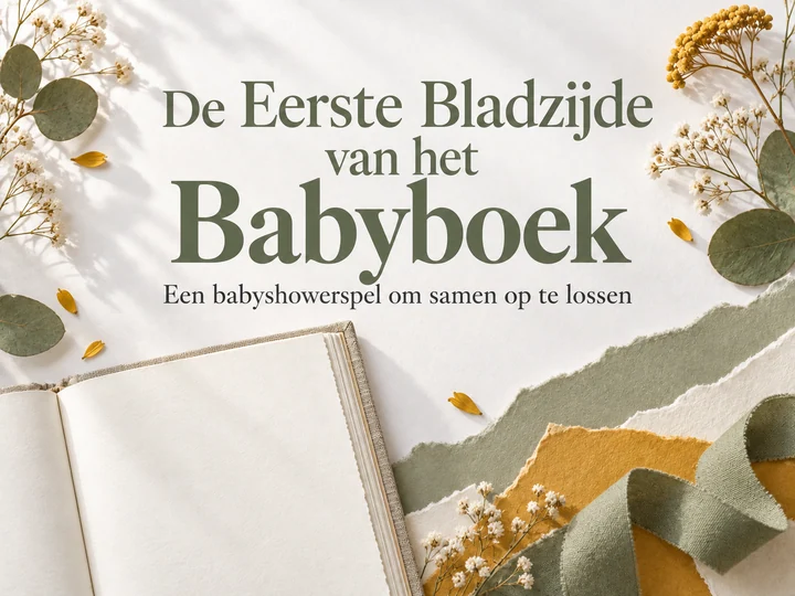 De Eerste Bladzijde van het Babyboek: een babyshowerspel met linnen, papier en zachte botanische details.