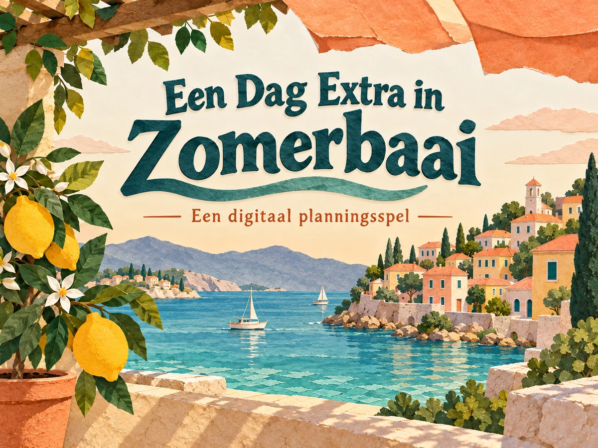 Hoofdbeeld van Een Dag Extra in Zomerbaai met een zonnige haven van gekleurd papier.
