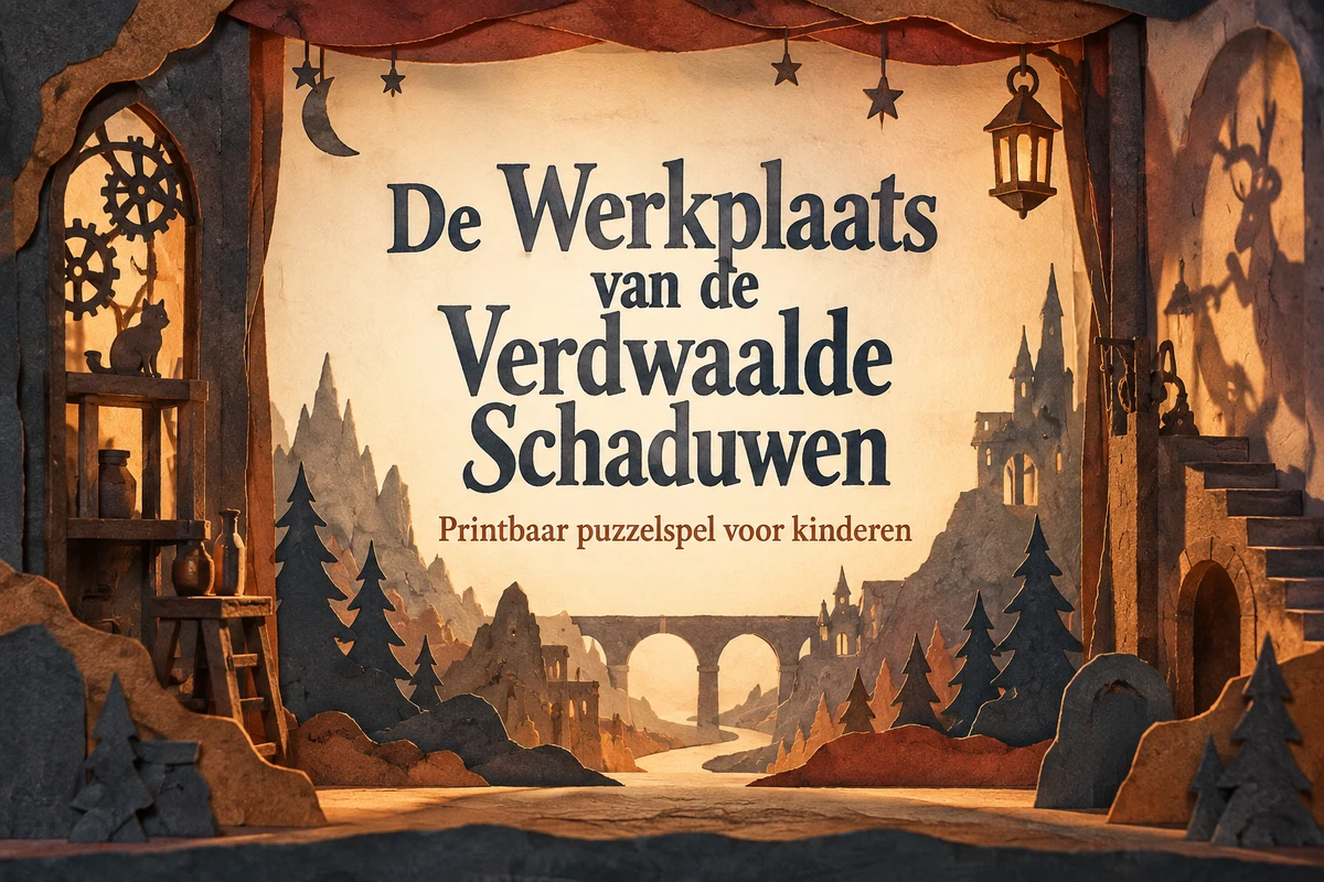 De Werkplaats van de Verdwaalde Schaduwen: een papieren schaduwtheater met de titel van het printbare kinderspel.