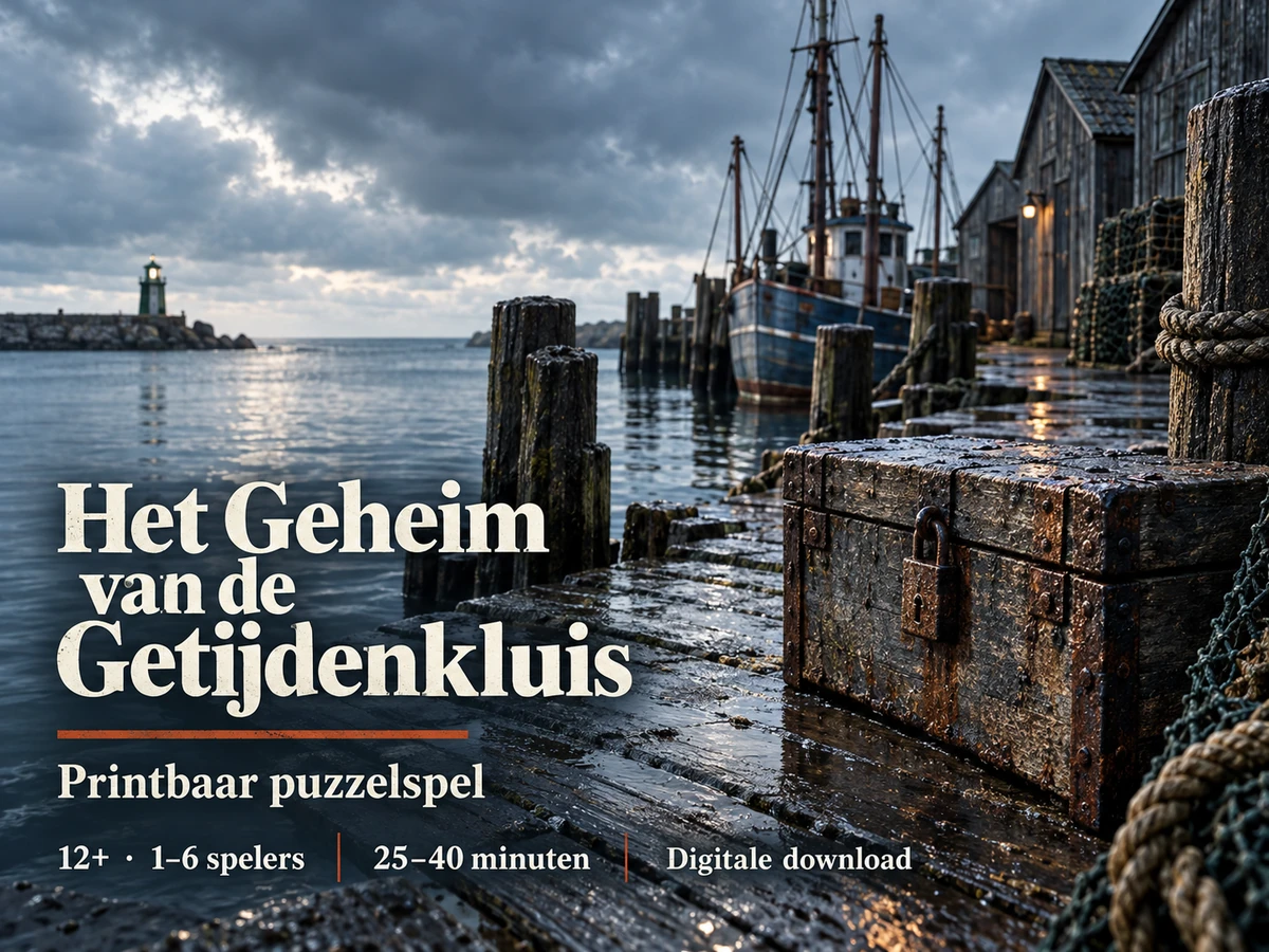 Het Geheim van de Getijdenkluis: een stormachtige haven met een gesloten kluis. Printbaar puzzelspel als digitale download.