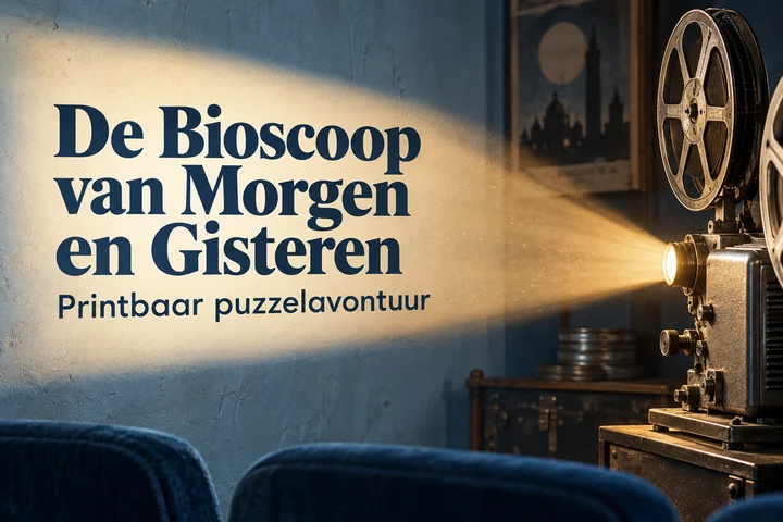 De Bioscoop van Morgen en Gisteren: een oude projector werpt licht achter de titel van het printbare puzzelavontuur.