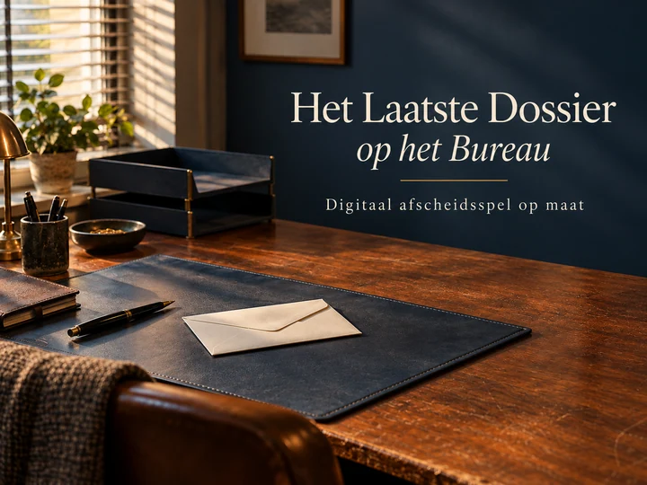 Een gebruikt bureau met gesloten envelop en de titel Het Laatste Dossier op het Bureau.