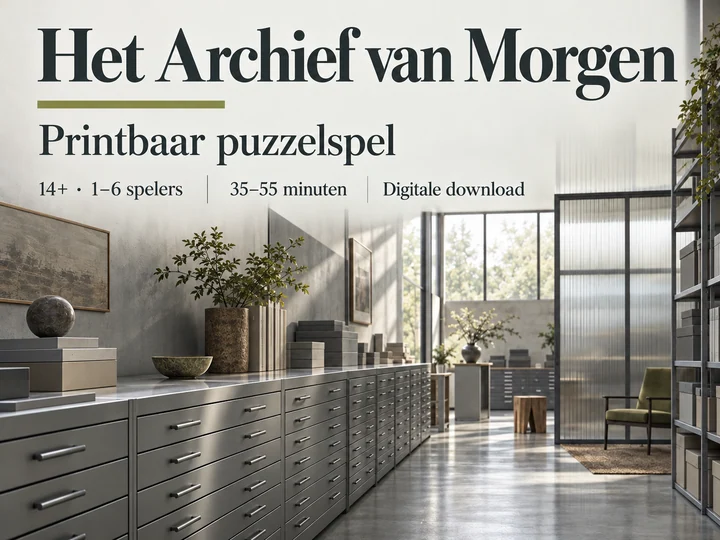 Het Archief van Morgen: een sober toekomstarchief met metaal en ribbelglas. Printbaar puzzelspel als digitale download.