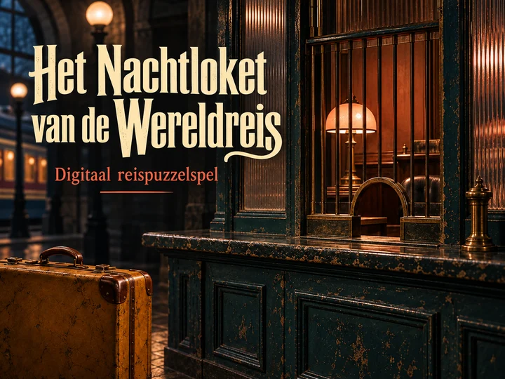 Hoofdbeeld van Het Nachtloket van de Wereldreis met een nachtelijk loket en een oude reiskoffer.