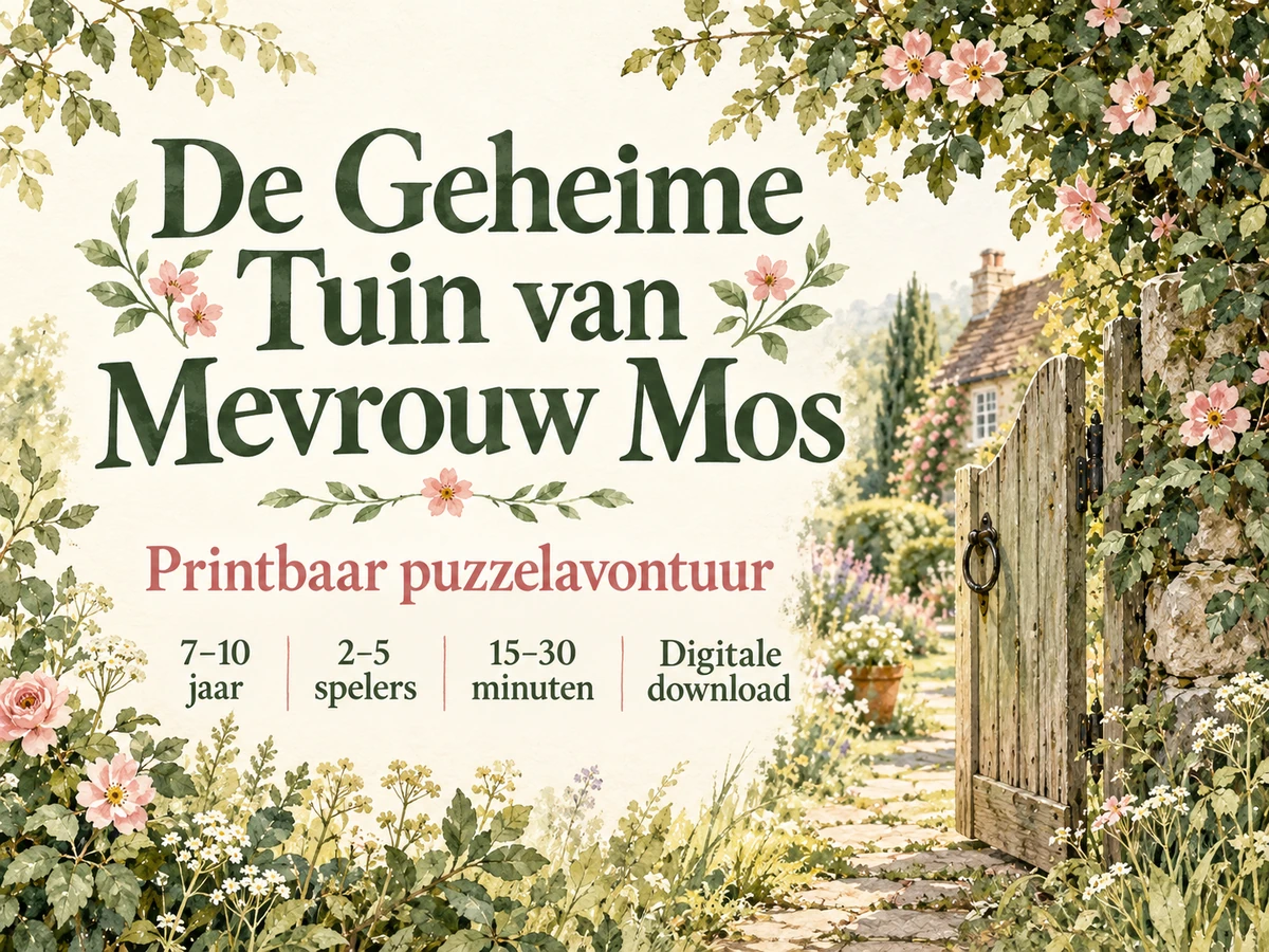 De Geheime Tuin van Mevrouw Mos: printbaar puzzelavontuur voor 2 tot 5 spelers.