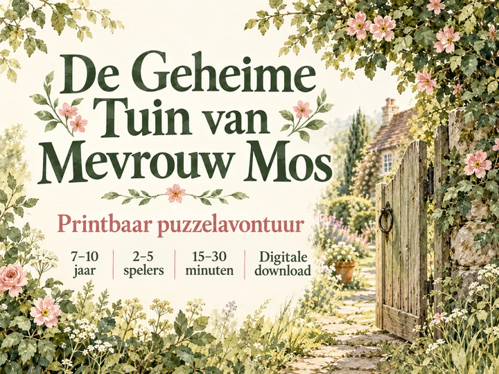 De Geheime Tuin van Mevrouw Mos: printbaar puzzelavontuur voor 2 tot 5 spelers.
