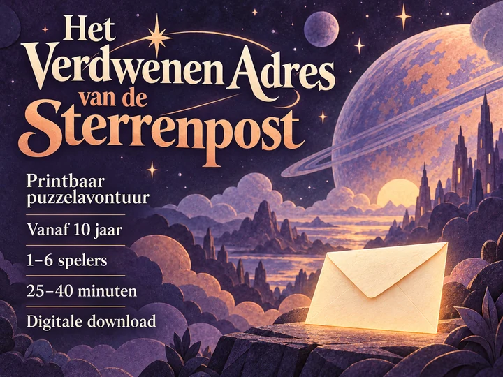 Het Verdwenen Adres van de Sterrenpost: printbaar puzzelavontuur voor 1 tot 6 spelers.