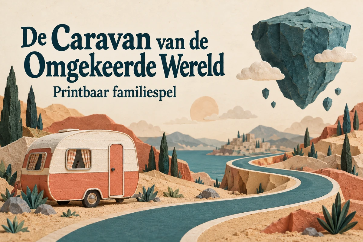 De Caravan van de Omgekeerde Wereld: een papieren caravan en zwevende rots naast de titel van het familiespel.