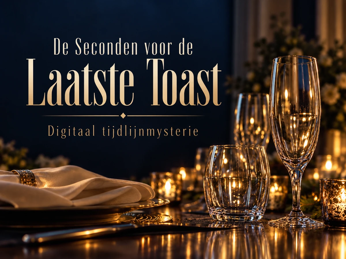 Hoofdbeeld van De Seconden voor de Laatste Toast met glasreflecties en diepblauw avondlicht.