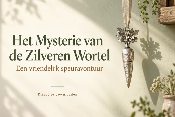 Het Mysterie van de Zilveren Wortel: een zilverkleurige wortelversiering tussen zachtgroene bladeren; vriendelijk speuravontuur als download.