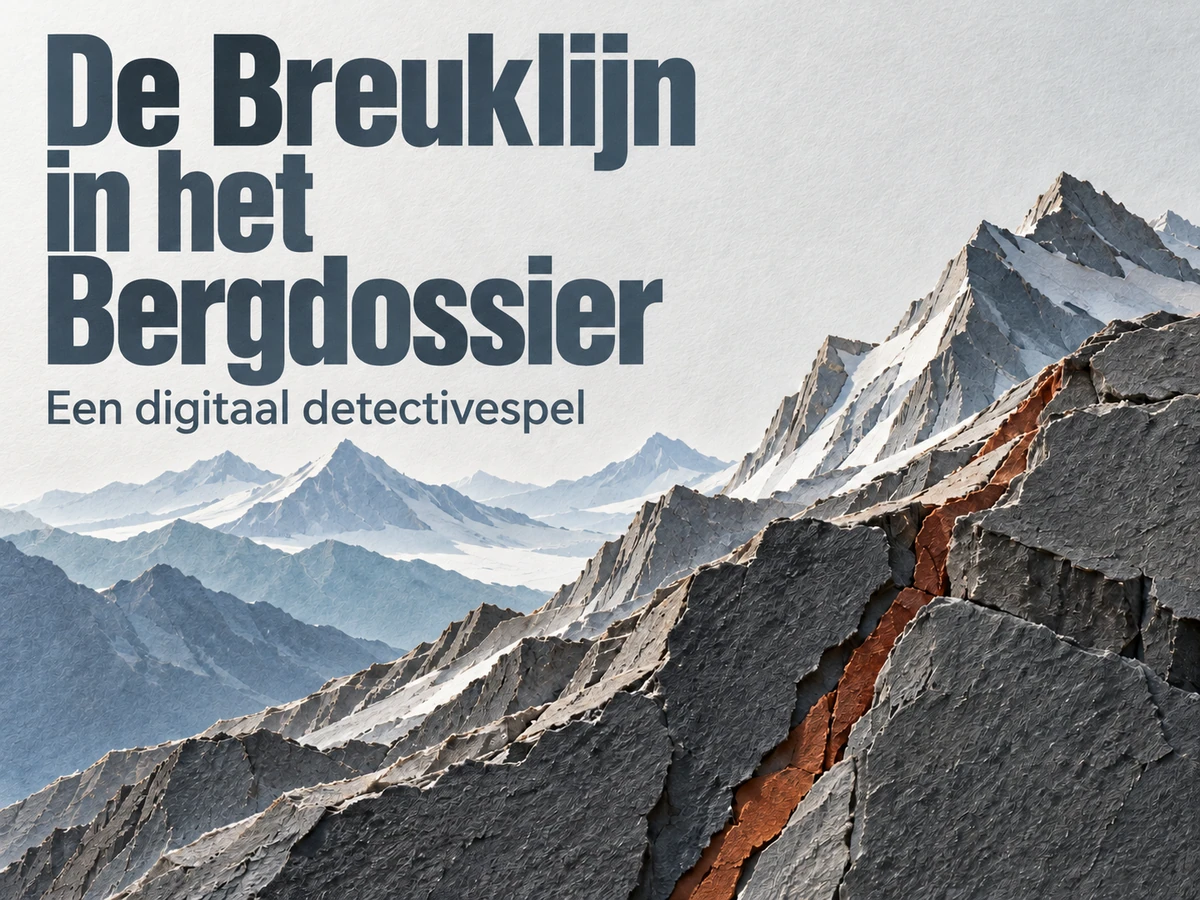 Hoofdbeeld van De Breuklijn in het Bergdossier met een berglandschap van gelaagd papier.
