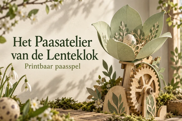 Het Paasatelier van de Lenteklok: een papieren lentebloem op een houten mechaniek naast de titel van het paasspel.