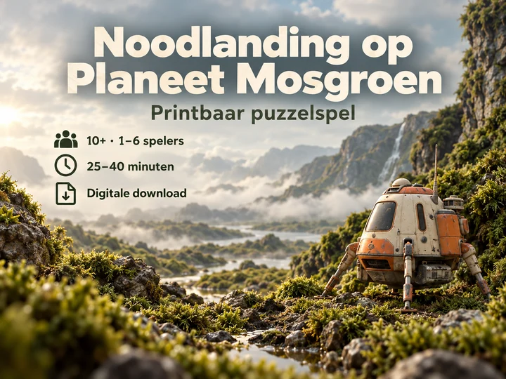 Noodlanding op Planeet Mosgroen: een onderzoeksschip in een tastbare miniatuurwereld van mos. Printbaar puzzelspel als digitale download.