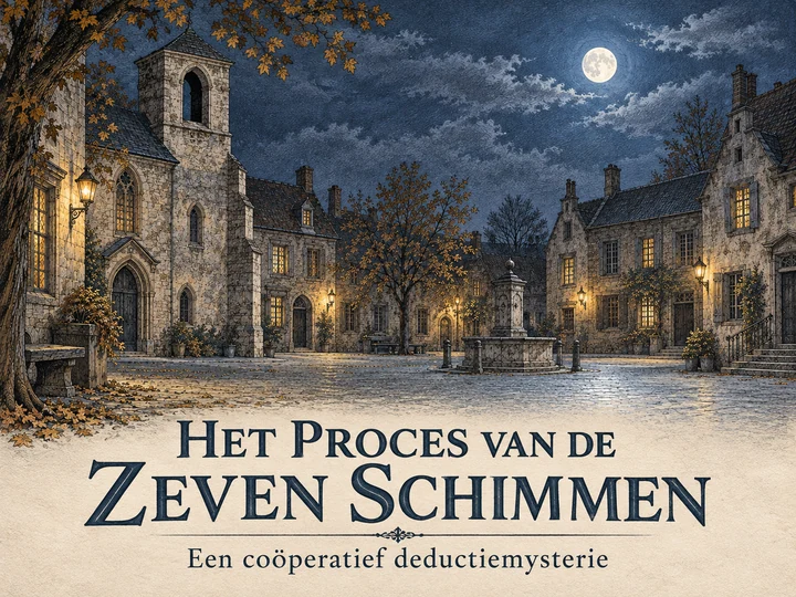 Het Proces van de Zeven Schimmen, een coöperatief deductiemysterie in de stijl van een oude prent.