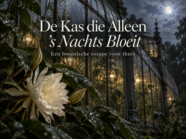 De Kas die Alleen ’s Nachts Bloeit, een botanische escape voor thuis in een maanverlichte kas.