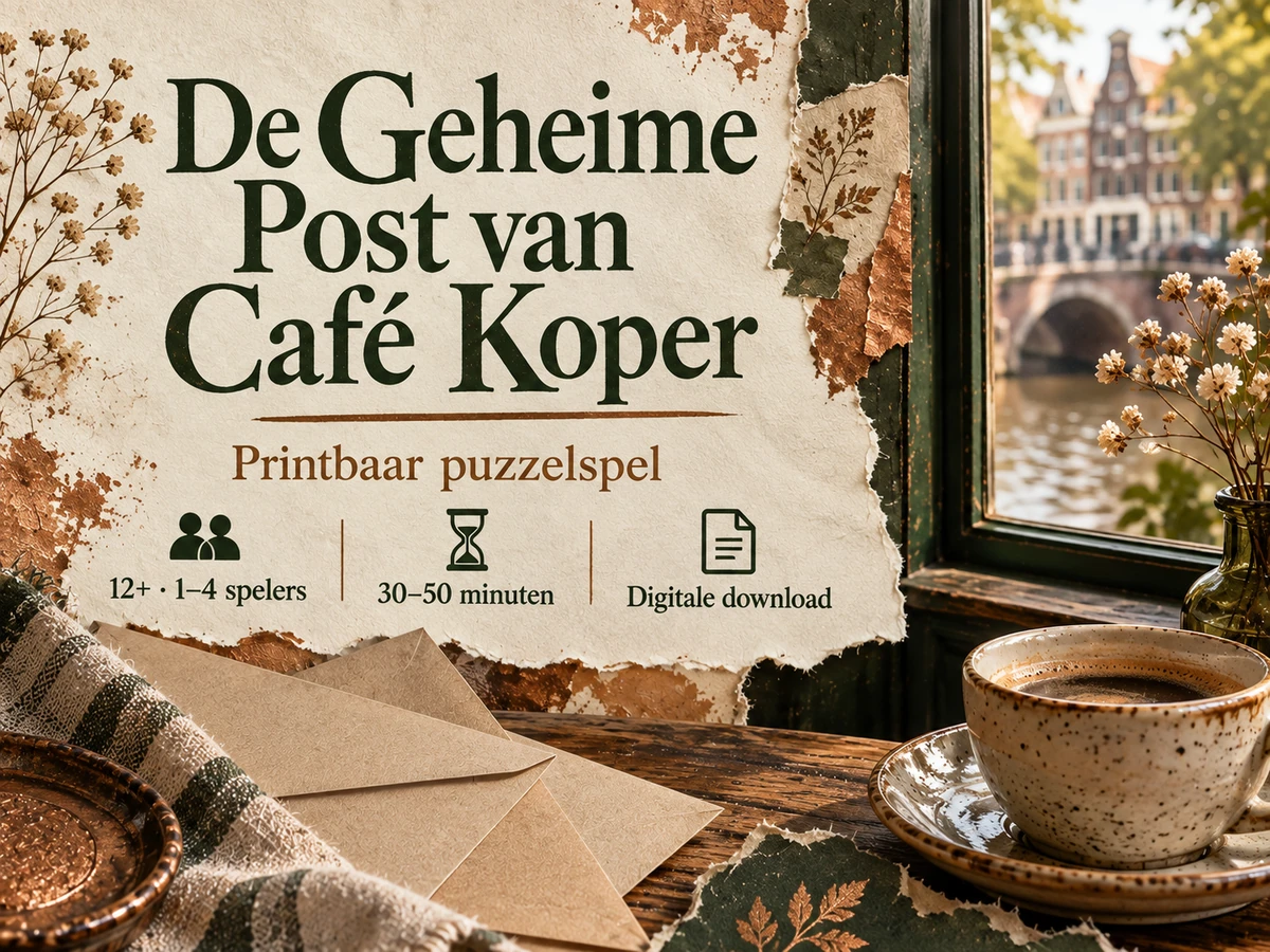 De Geheime Post van Café Koper: een collage met enveloppen, koperkleur en een rustig café. Printbaar puzzelspel als digitale download.