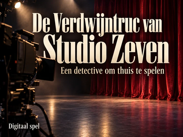 Hoofdbeeld van De Verdwijntruc van Studio Zeven met camera, rood toneelgordijn en titel.