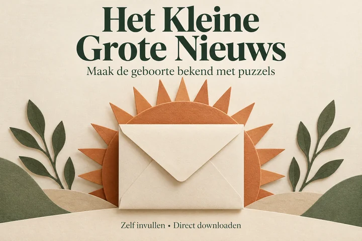 Het Kleine Grote Nieuws: een envelop voor een terracottakleurige zon; de geboorte bekendmaken met puzzels, zelf invullen en direct downloaden.